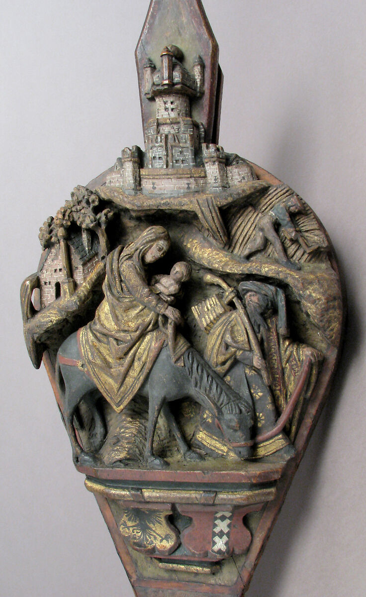 Bellows with the Flight into Egypt, Oak, leather, polychromy, gilding, Netherlandish