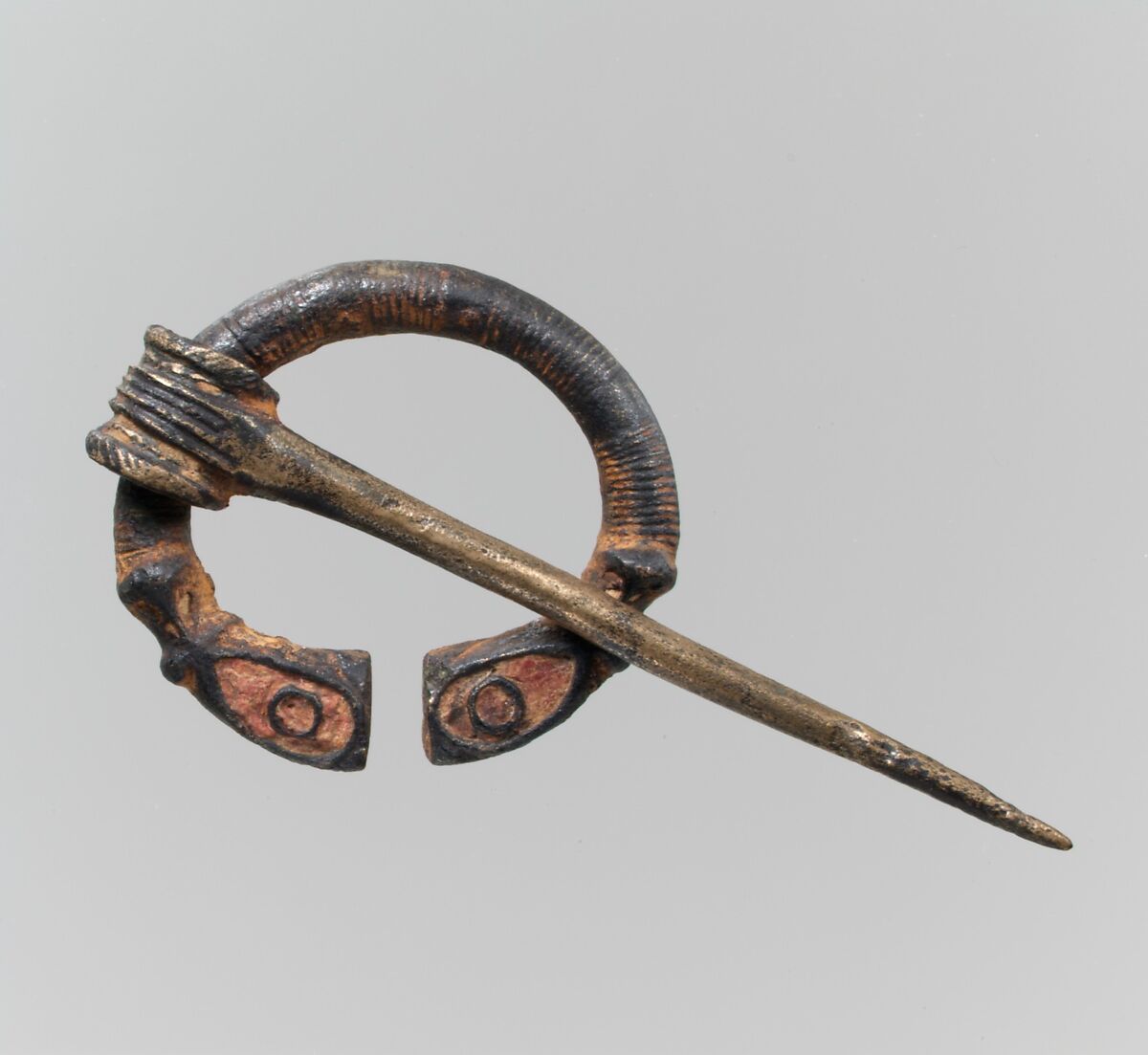 Open-Ring Brooch, Copper alloy, cast; red enamel, Irish 