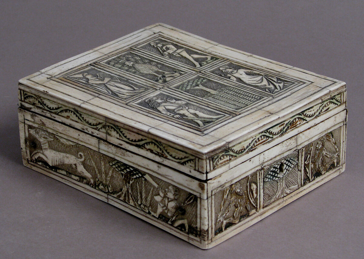 Game Box, Bone, traces of gilding and paint over wooden core with red silk  interior, metal mounts, French 