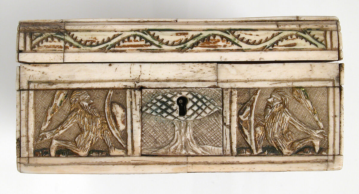 Game Box, Bone, traces of gilding and paint over wooden core with red silk  interior, metal mounts, French