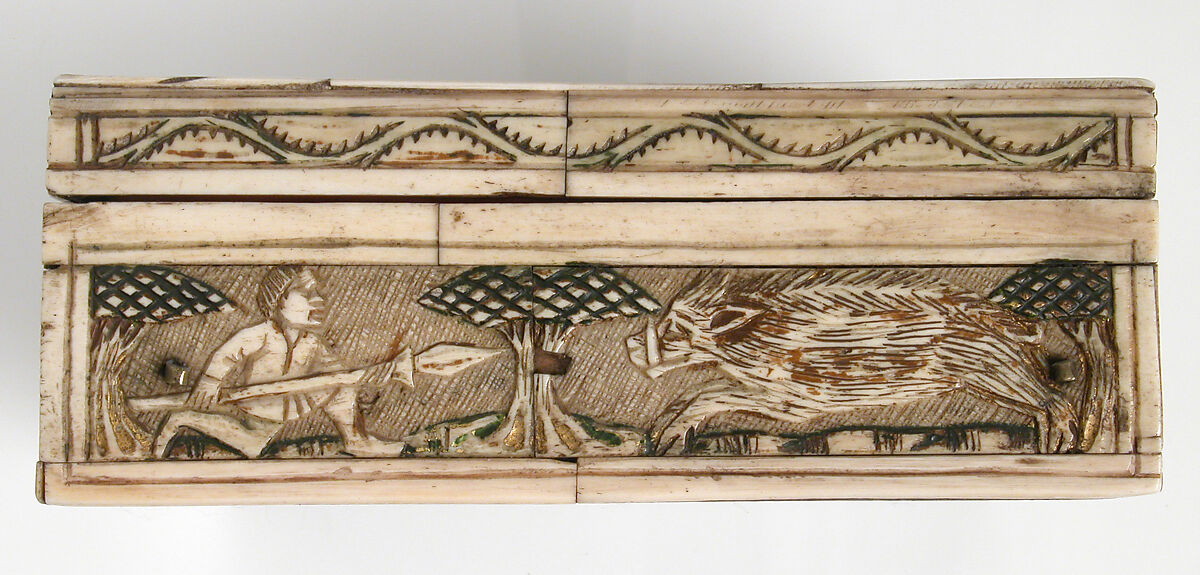 Game Box, Bone, traces of gilding and paint over wooden core with red silk  interior, metal mounts, French