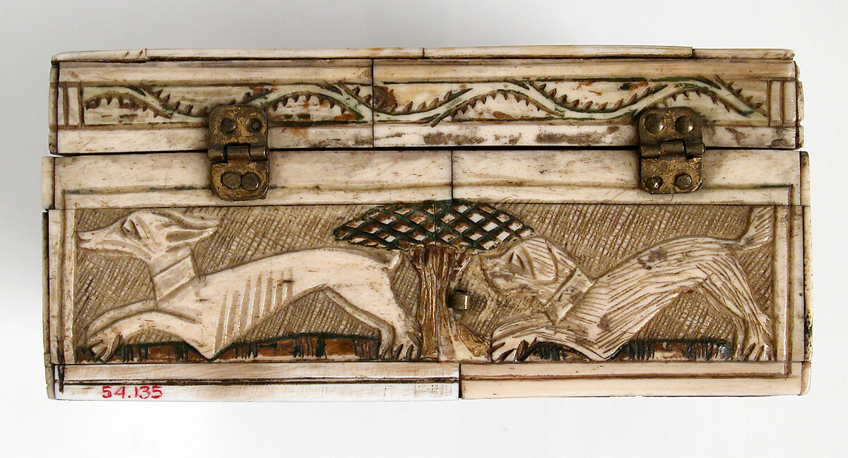 Game Box, Bone, traces of gilding and paint over wooden core with red silk  interior, metal mounts, French