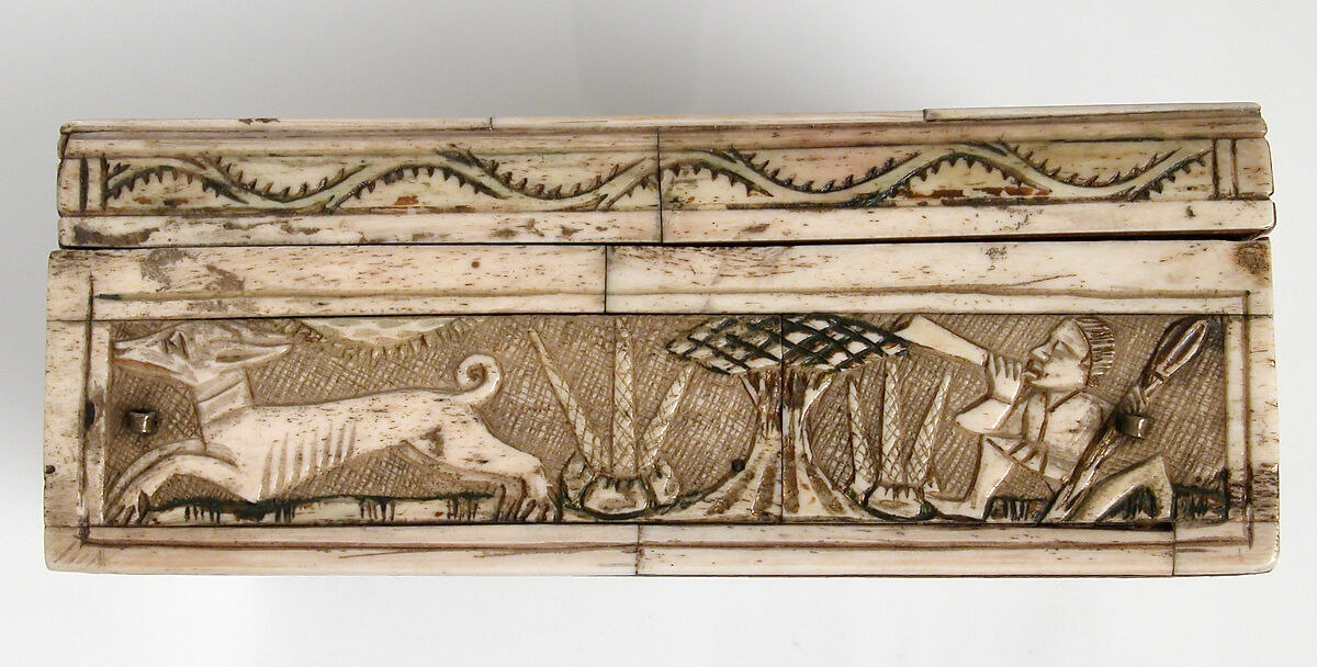 Game Box, Bone, traces of gilding and paint over wooden core with red silk  interior, metal mounts, French