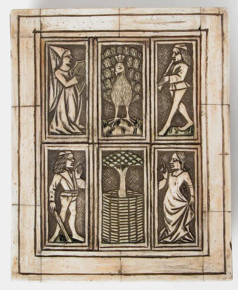 Game Box, Bone, traces of gilding and paint over wooden core with red silk  interior, metal mounts, French