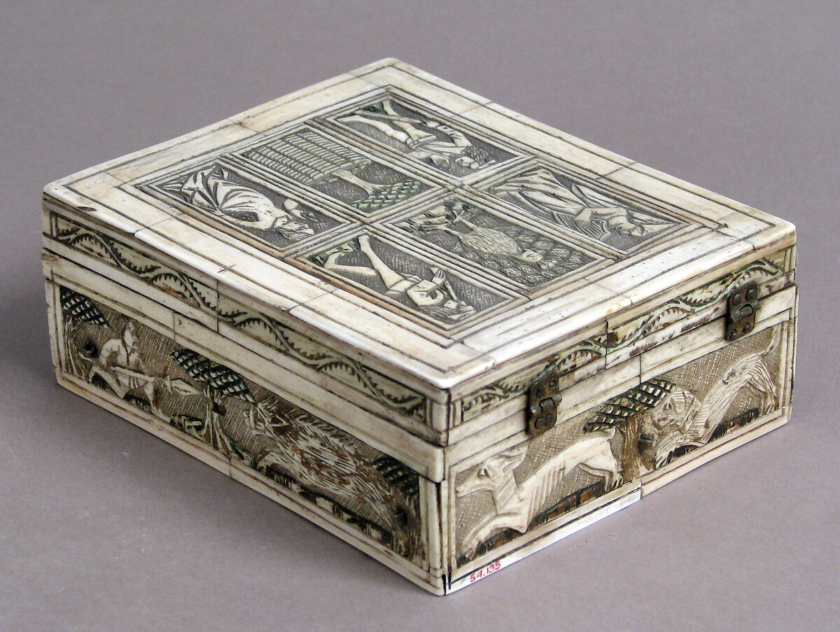 Game Box, Bone, traces of gilding and paint over wooden core with red silk  interior, metal mounts, French