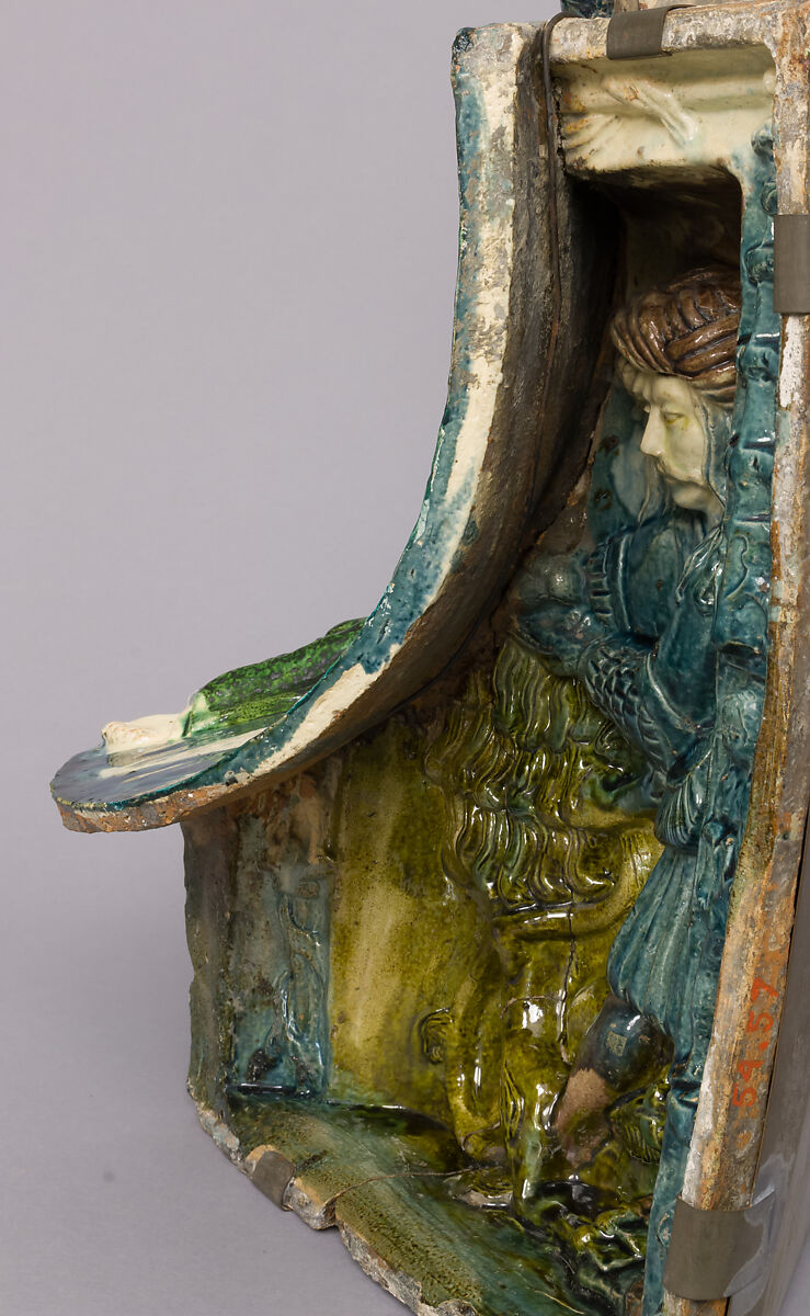 Stove Tile with Saint John the Evangelist and Samson, Buda Castle Workshop, Earthenware, lead glaze, Hungarian