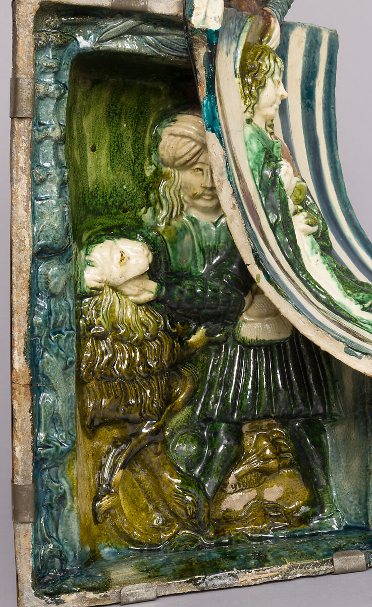 Stove Tile with Saint John the Evangelist and Samson, Buda Castle Workshop, Earthenware, lead glaze, Hungarian