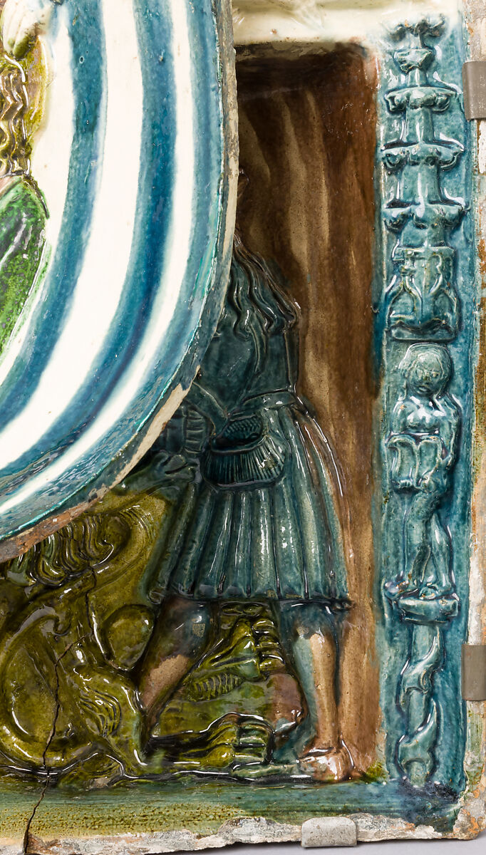 Stove Tile with Saint John the Evangelist and Samson, Buda Castle Workshop, Earthenware, lead glaze, Hungarian