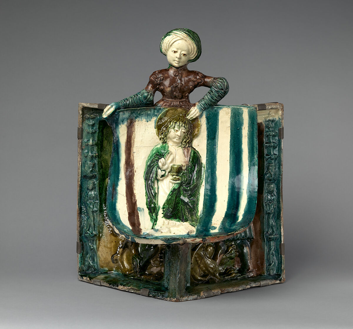 Stove Tile with Saint John the Evangelist and Samson, Buda Castle Workshop, Earthenware, lead glaze, Hungarian