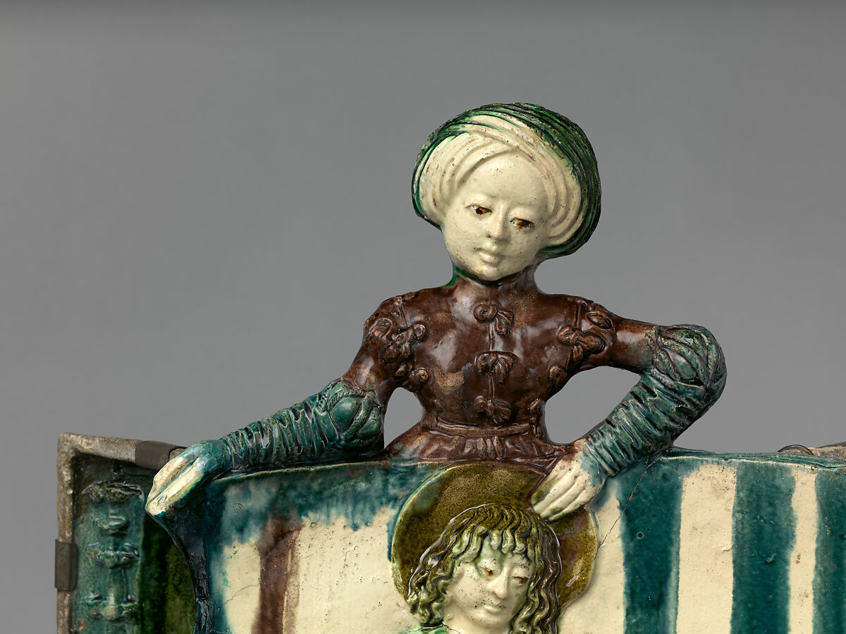 Stove Tile with Saint John the Evangelist and Samson, Buda Castle Workshop, Earthenware, lead glaze, Hungarian