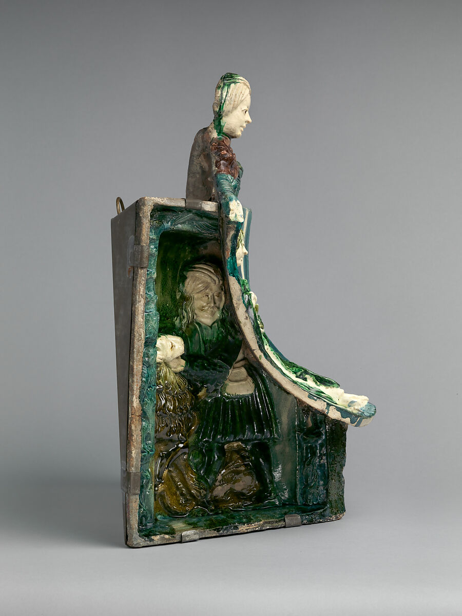 Stove Tile with Saint John the Evangelist and Samson, Buda Castle Workshop, Earthenware, lead glaze, Hungarian