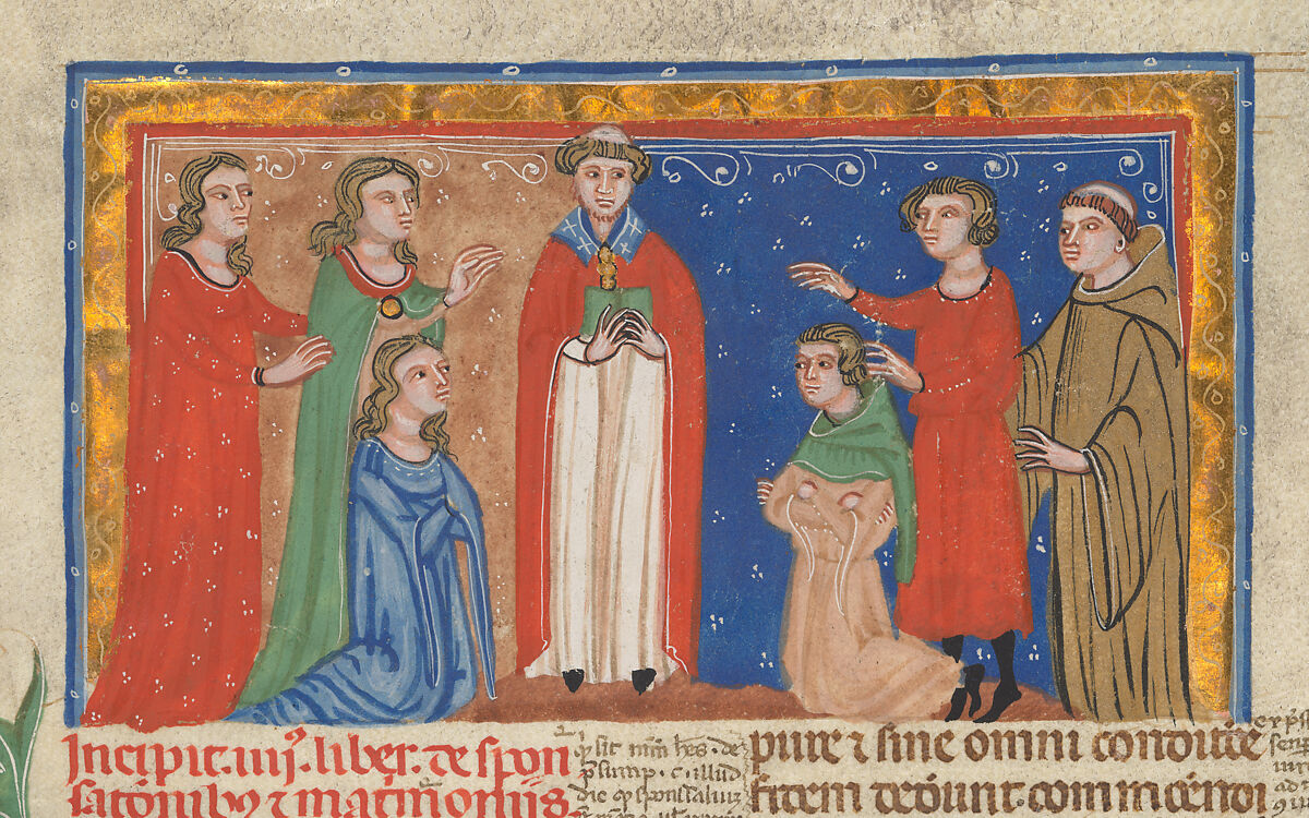 Manuscript Leaf with Marriage Scene, from Decretals of Gregory IX, Tempera, ink, and gold on parchment, Italian