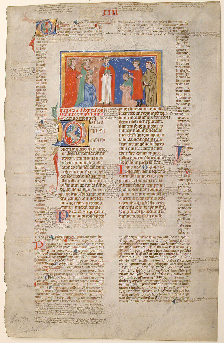 Manuscript Leaf with Marriage Scene, from Decretals of Gregory IX, Tempera, ink, and gold on parchment, Italian 