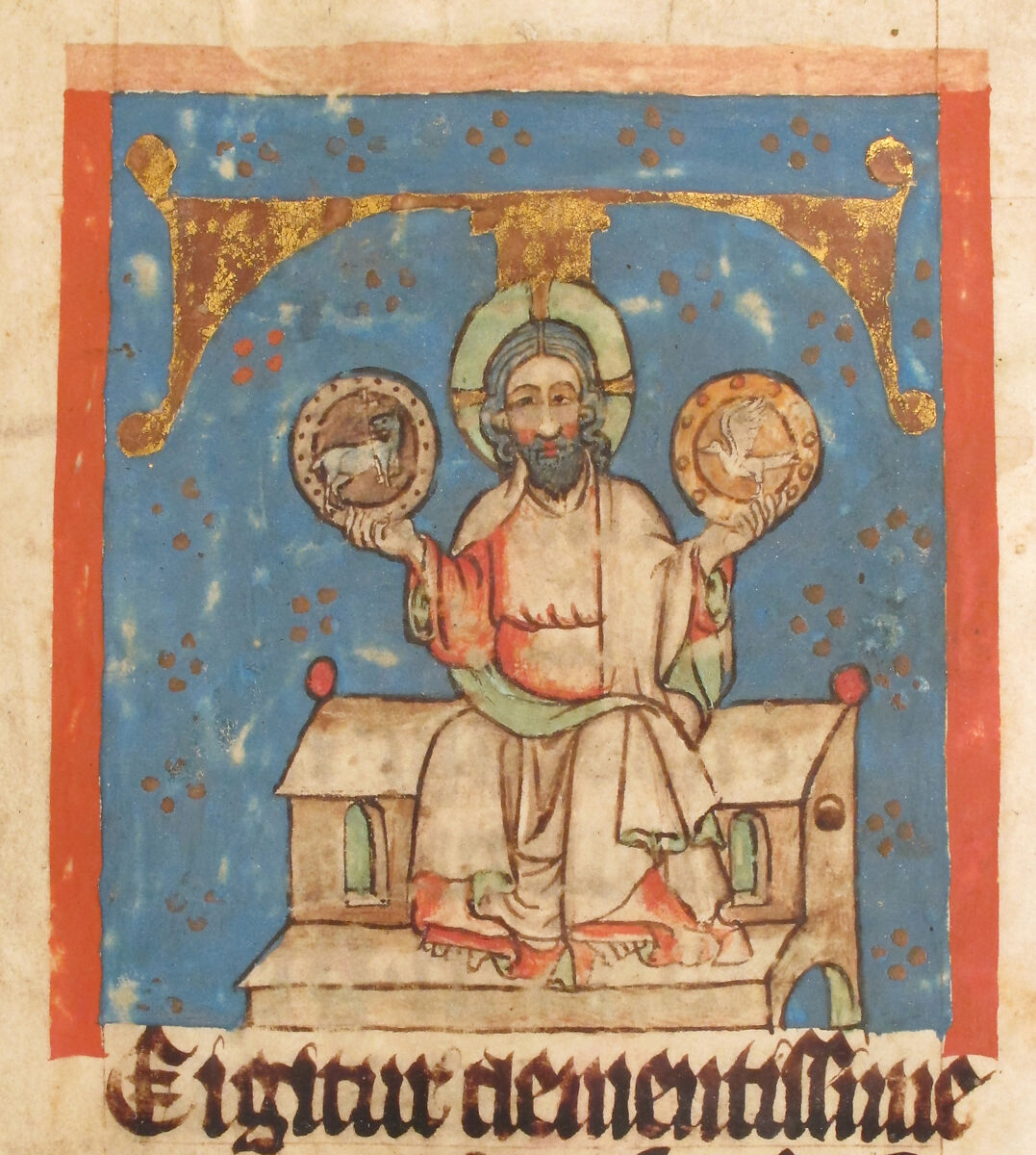 Manuscript Leaf with the Holy Trinity in an Initial T, from a Missal, Tempera,  ink, and gold on parchment, South German