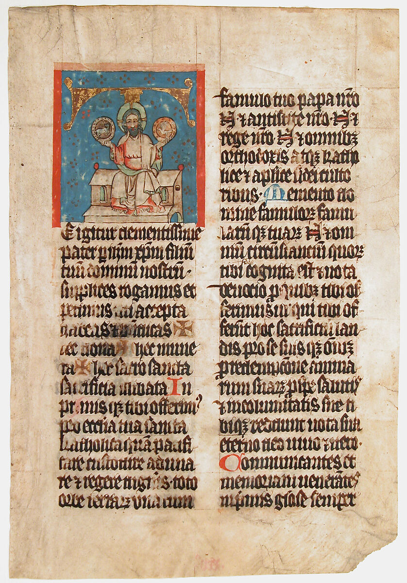 Manuscript Leaf with the Holy Trinity in an Initial T, from a Missal, Tempera,  ink, and gold on parchment, South German 