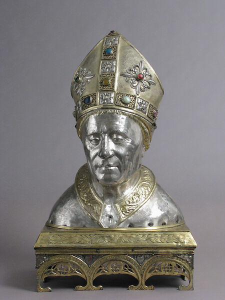 Reliquary Head of Bishop, Silver, gilded silver, gilded copper, cabochons, and basse taille enamels, Italian (?)
