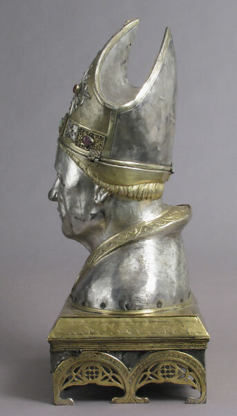 Reliquary Head of Bishop, Silver, gilded silver, gilded copper, cabochons, and basse taille enamels, Italian (?)