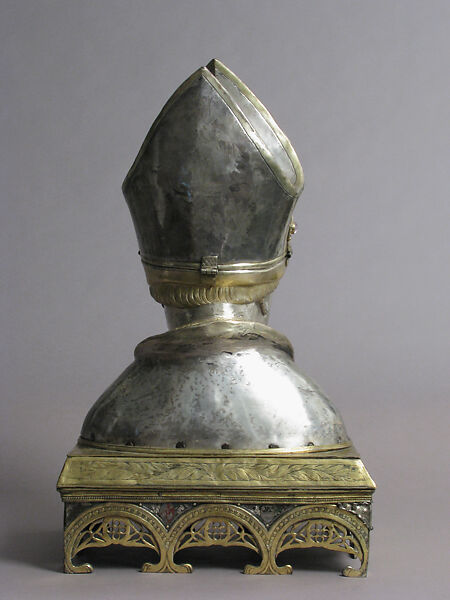Reliquary Head of Bishop, Silver, gilded silver, gilded copper, cabochons, and basse taille enamels, Italian (?)
