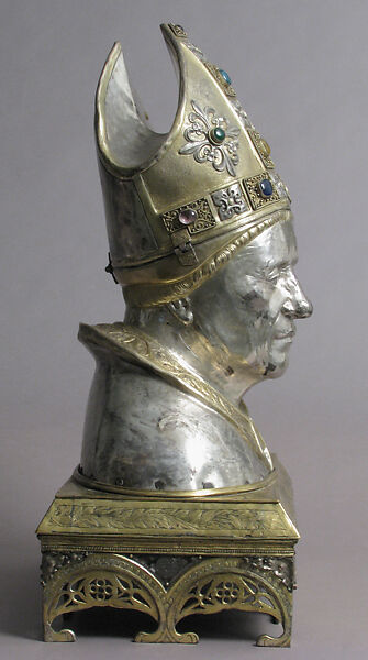Reliquary Head of Bishop, Silver, gilded silver, gilded copper, cabochons, and basse taille enamels, Italian (?)