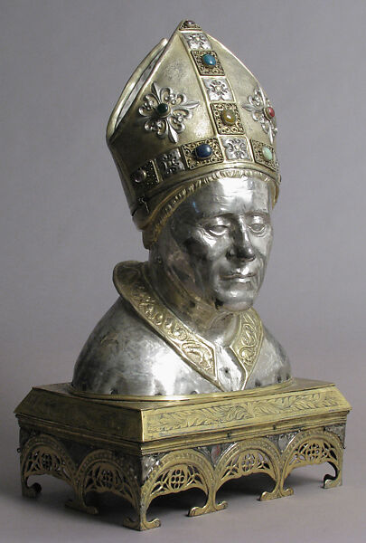 Reliquary Head of Bishop, Silver, partial gilt, copper-gilt, cabochons, basse taille enamels, Italian (?) 