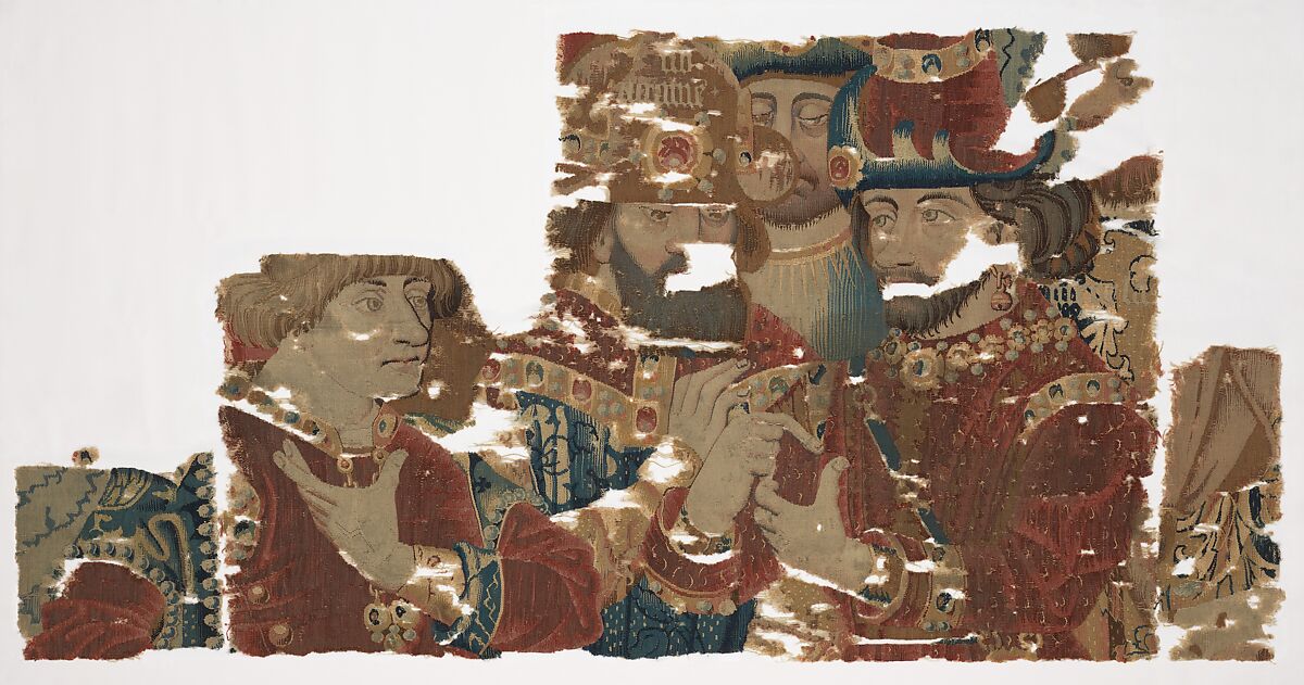 Busts of Achilles, Agamemnon, and Hector in Conference (from Scenes from The Story of The Trojan War), Probably produced through Pasquier Grenier of Tournai (Burgundian, died 1493), Wool warp, wool wefts with a few silk wefts, South Netherlandish 