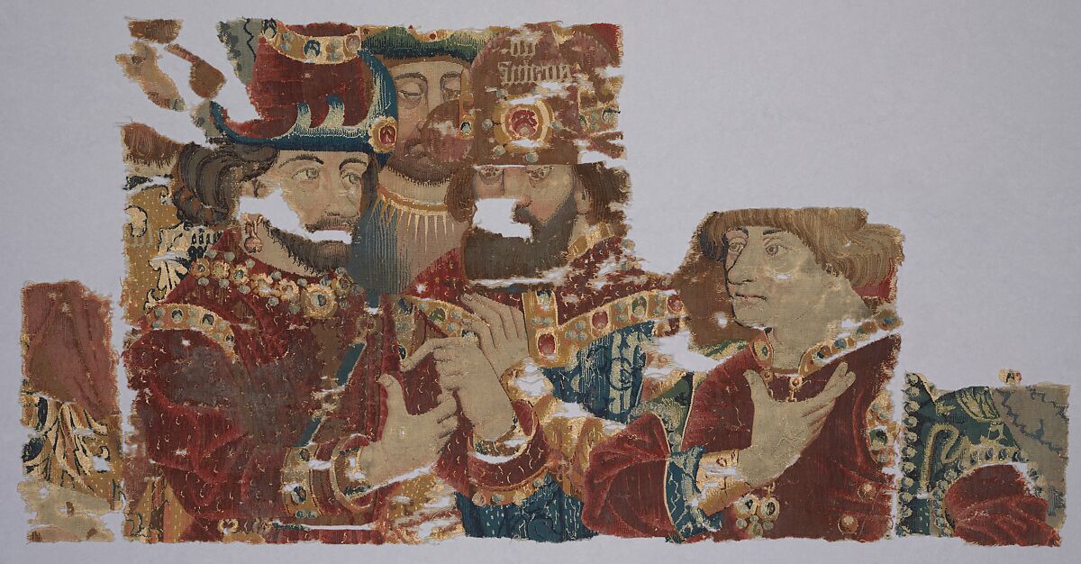 Busts of Achilles, Agamemnon, and Hector in Conference (from Scenes from The Story of The Trojan War), Probably produced through Pasquier Grenier of Tournai (Burgundian, died 1493), Wool warp, wool wefts with a few silk wefts, South Netherlandish