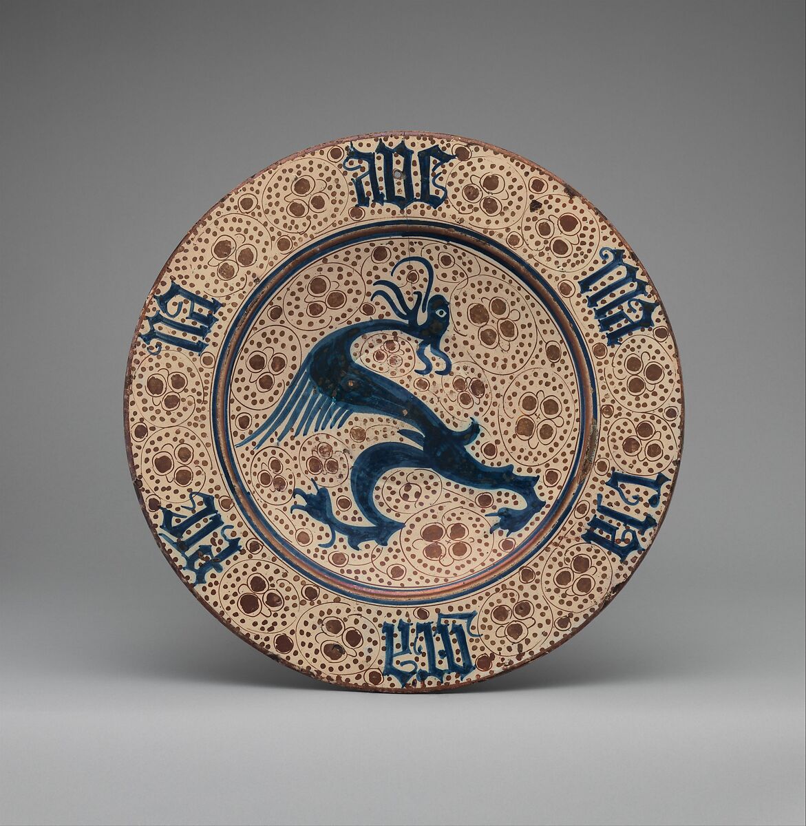 Plate with Dragon and Ave Maria Inscription, Tin-glazed earthenware, Spanish