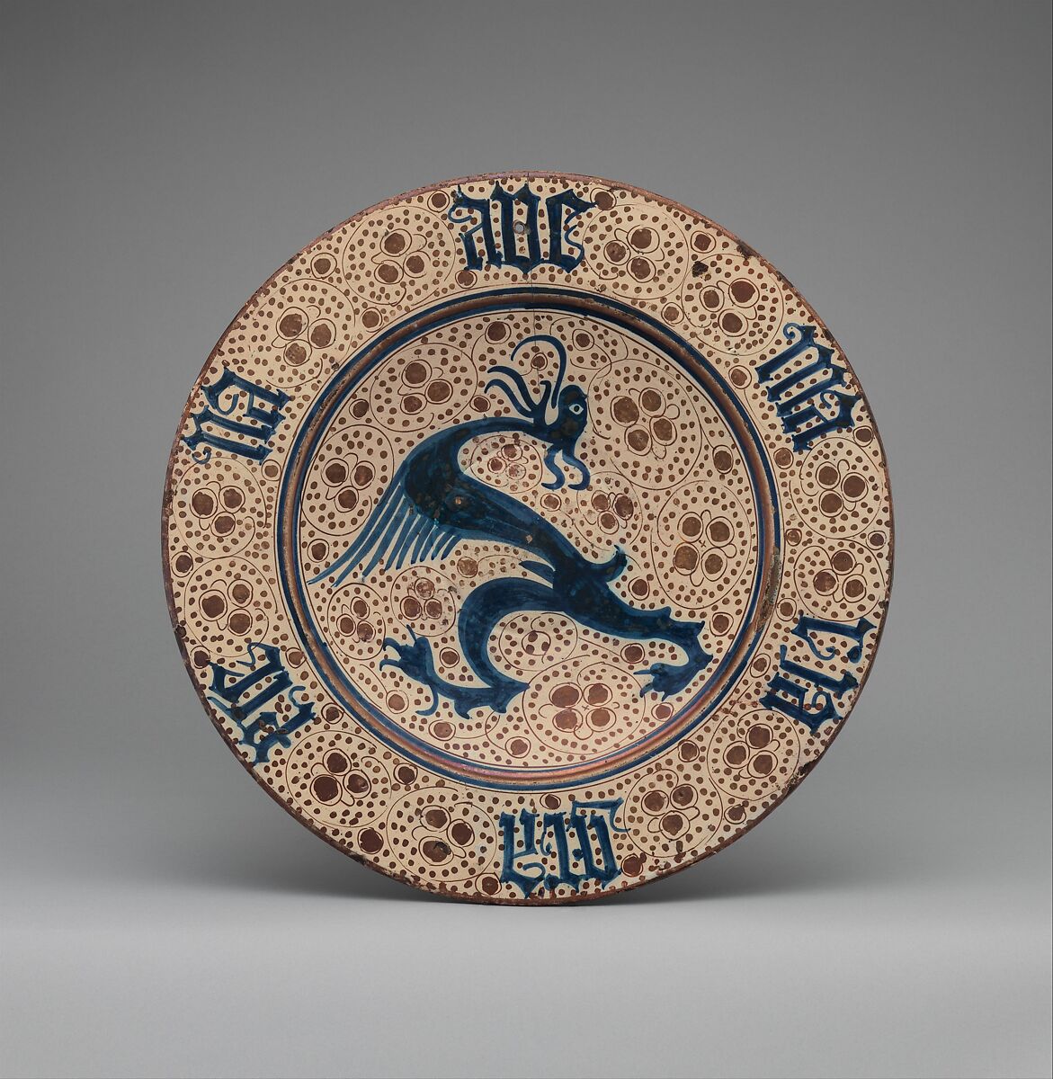 Plate with Dragon and Ave Maria Inscription, Tin-glazed earthenware, Spanish 