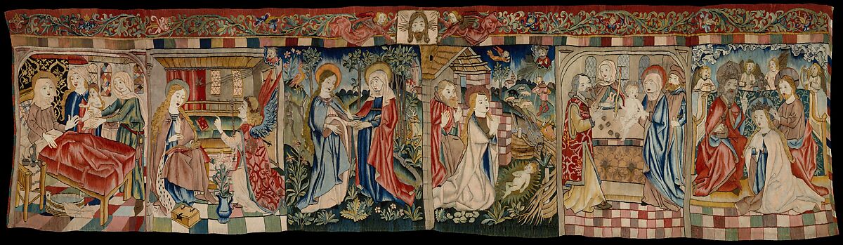 Scenes from the Life of the Virgin, Linen warp; wool, linen, silk, silver, and gilt wefts;  wool pile yarns, Upper Rhenish 