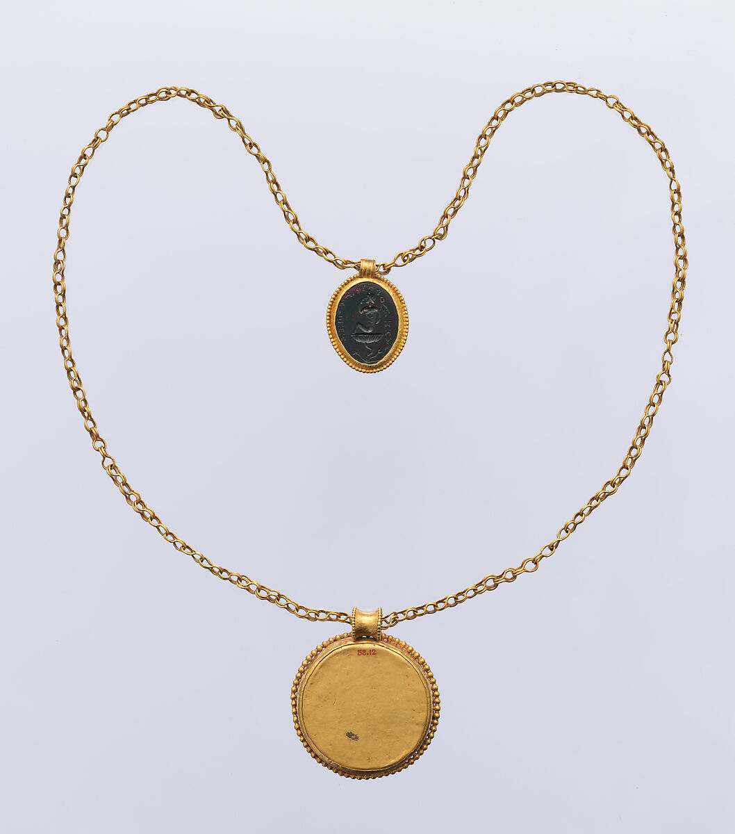 Necklace with Gold Marriage Medallion and Hematite Amulet, Gold wrought and worked in repoussé and hematite, Byzantine
