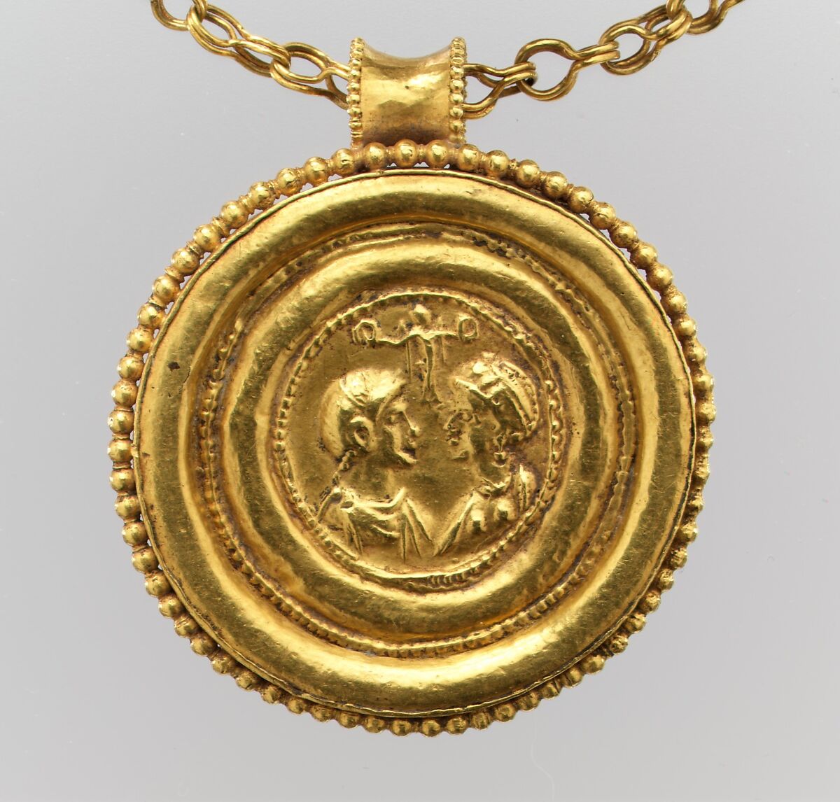 Necklace with Gold Marriage Medallion and Hematite Amulet, Gold wrought and worked in repoussé and hematite, Byzantine
