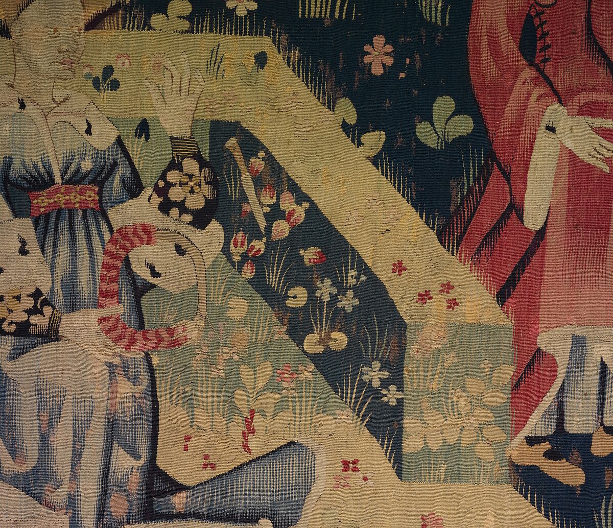 Honor Making a Chaplet of Roses, Wool warp, wool wefts, South Netherlandish