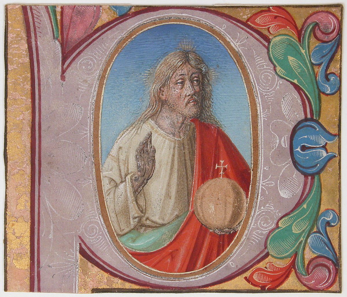 Manuscript Illumination with Salvator Mundi in an Initial P, from a Choir Book, Tempera, ink, and gold on parchment, Italian 