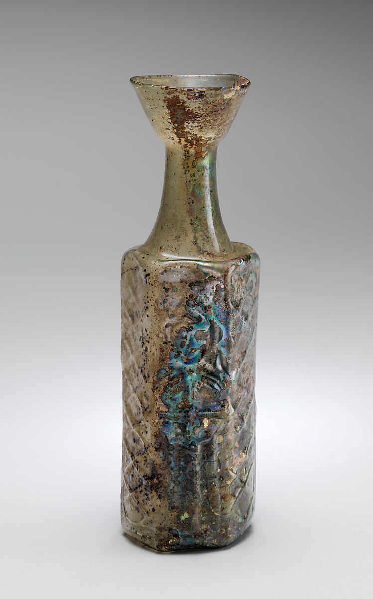 Yellow-Green Hexagonal Glass Bottle with a Stylite Saint