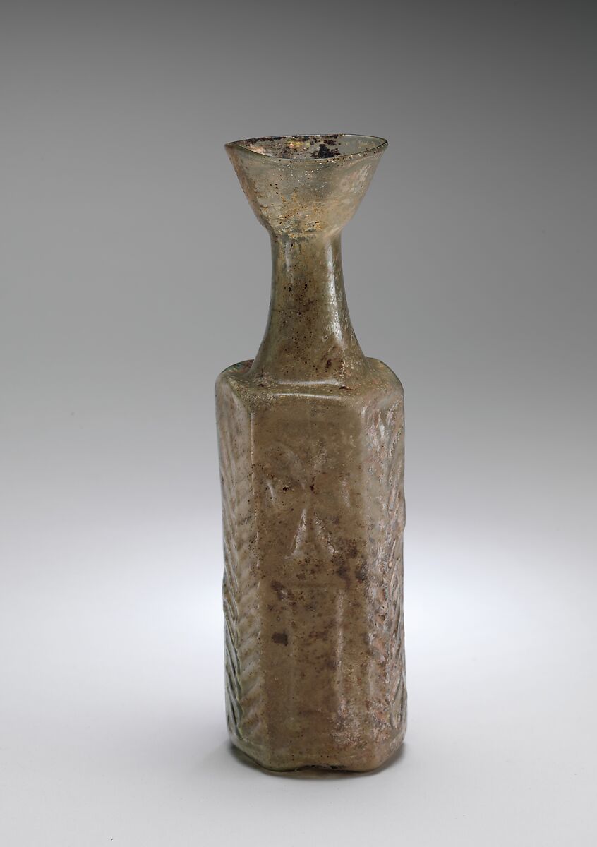 Yellow-Green Hexagonal Glass Bottle with a Stylite Saint, Moulded glass, Byzantine