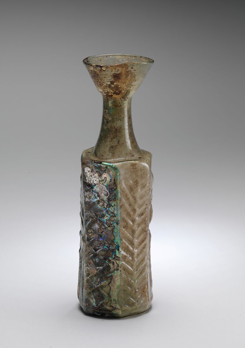 Yellow-Green Hexagonal Glass Bottle with a Stylite Saint, Moulded glass, Byzantine
