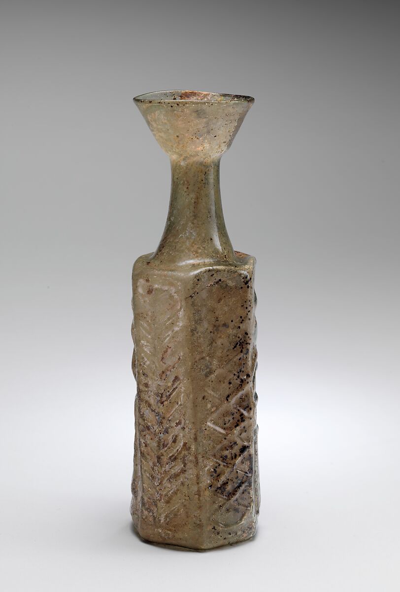 Yellow-Green Hexagonal Glass Bottle with a Stylite Saint, Moulded glass, Byzantine