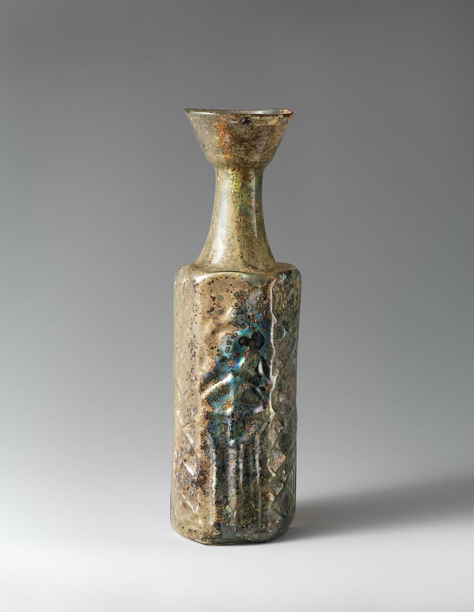 Yellow-Green Hexagonal Glass Bottle with a Stylite Saint, Moulded glass, Byzantine