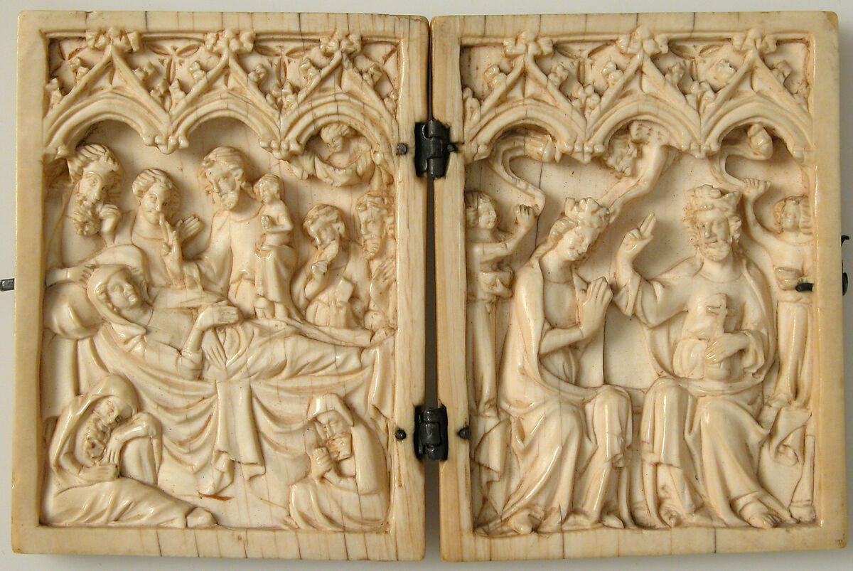 Diptych with Death and Coronation of the Virgin, Elephant ivory with metal mounts, French 