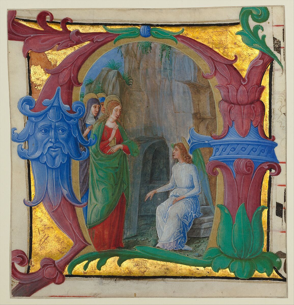 Manuscript Illumination with the Holy Women at the Tomb in an Initial A, from an Antiphonary, Girolamo dai Libri (Italian, Verona 1474–1555 Verona), Tempera, gold, and ink on parchment, Italian 