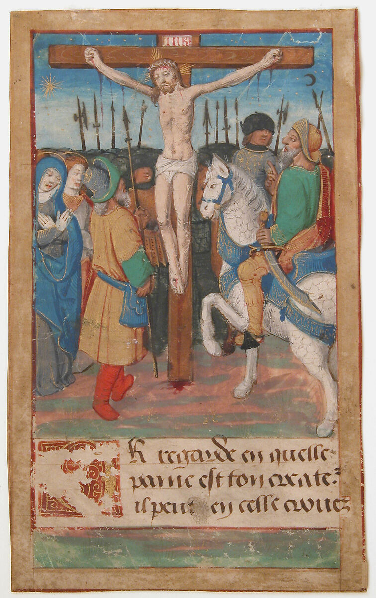 Manuscript Leaf with the Crucifixion, from a Book of Hours, Tempera, ink, and shell gold on parchment, French 