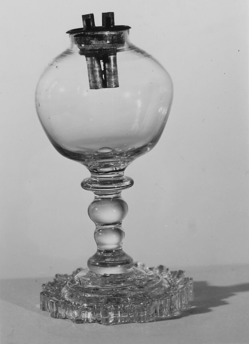 Lamp, Lacy pressed glass, tin, American 