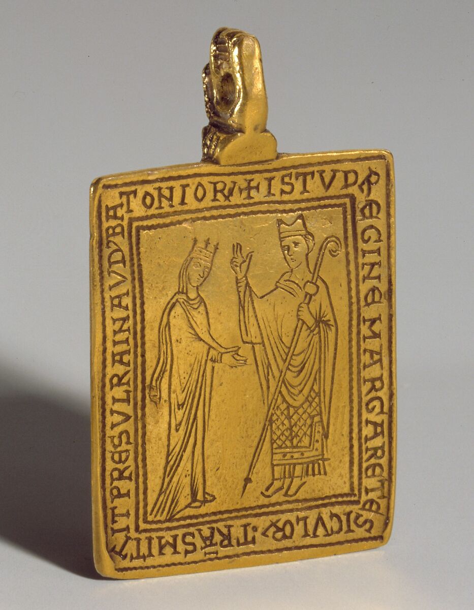 Reliquary Pendant with Queen Margaret of Sicily Blessed by Bishop Reginald of Bath, Gold, British 