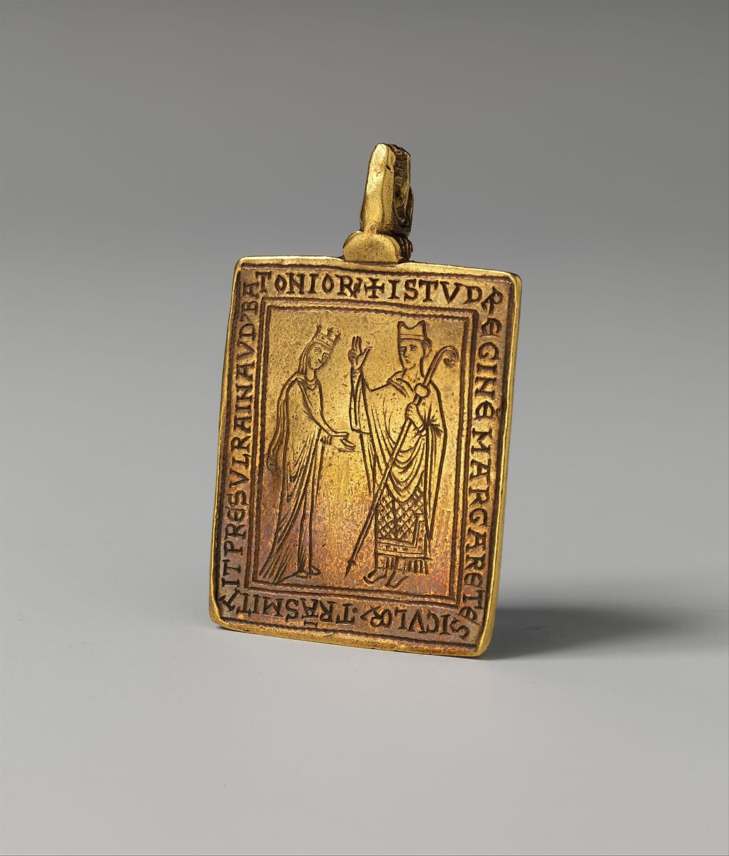Reliquary Pendant with Queen Margaret of Sicily Blessed by Bishop Reginald of Bath, Gold, British