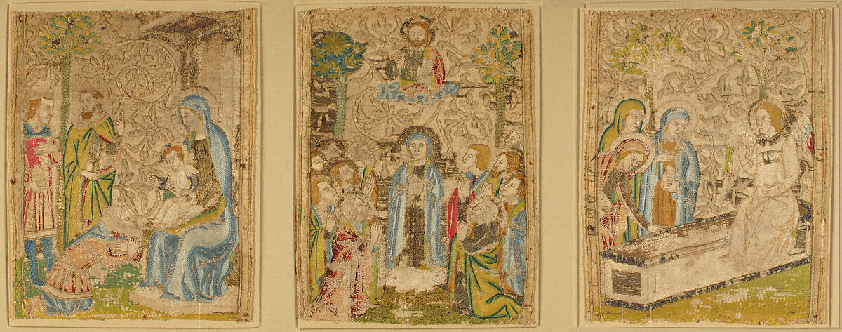 Three Panels, Linen, colored silks, metal thread (white silk wrapped with strips of silver leaf, yellow silk wrapped with strips of gold), linen floss padding, couching;  split and satin stitiches, background with relief pattern of scrolling branches in bunched linen thread originally with couched metal thread., Italian 