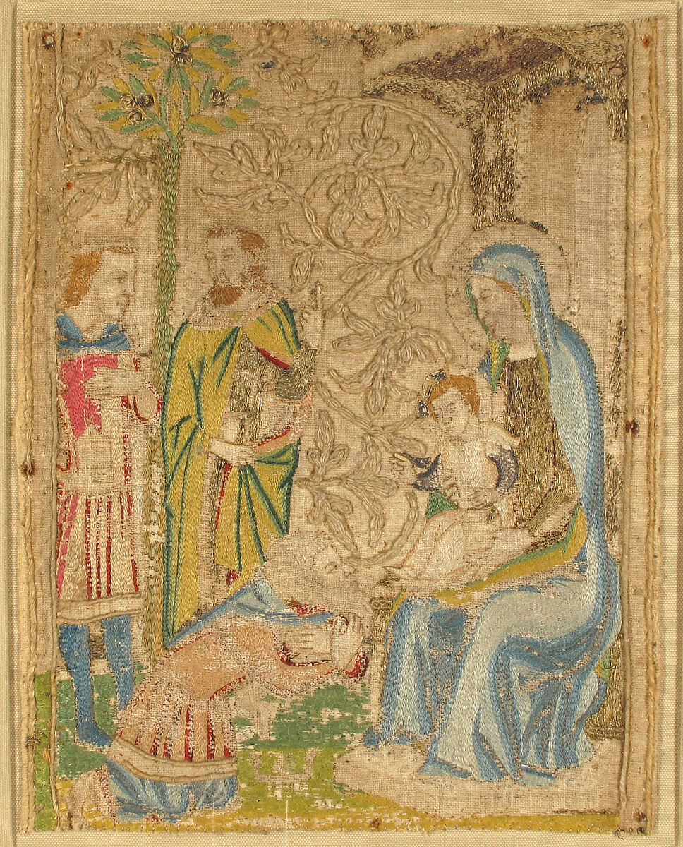 Three Panels, Linen, colored silks, metal thread (white silk wrapped with strips of silver leaf, yellow silk wrapped with strips of gold), linen floss padding, couching;  split and satin stitiches, background with relief pattern of scrolling branches in bunched linen thread originally with couched metal thread., Italian