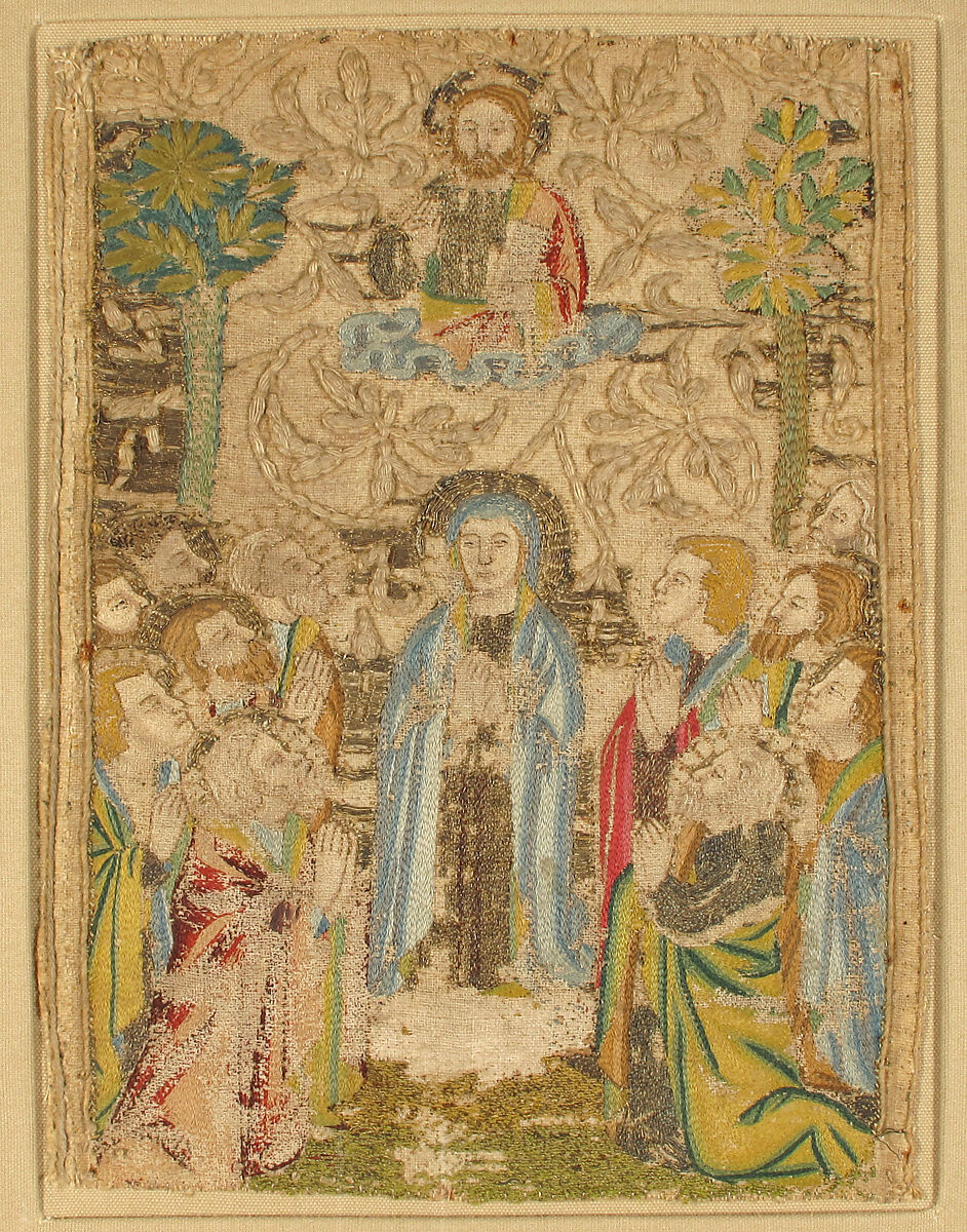 Three Panels, Linen, colored silks, metal thread (white silk wrapped with strips of silver leaf, yellow silk wrapped with strips of gold), linen floss padding, couching;  split and satin stitiches, background with relief pattern of scrolling branches in bunched linen thread originally with couched metal thread., Italian
