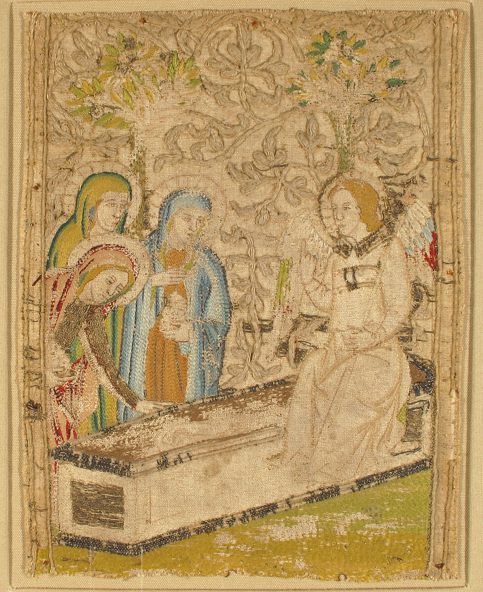 Three Panels, Linen, colored silks, metal thread (white silk wrapped with strips of silver leaf, yellow silk wrapped with strips of gold), linen floss padding, couching;  split and satin stitiches, background with relief pattern of scrolling branches in bunched linen thread originally with couched metal thread., Italian
