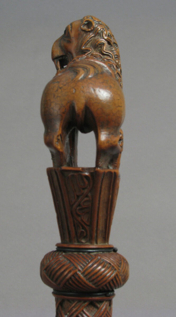 Head of Staff, Wood, stain, glass cabochon, metal wire, copper alloy settings, Italian
