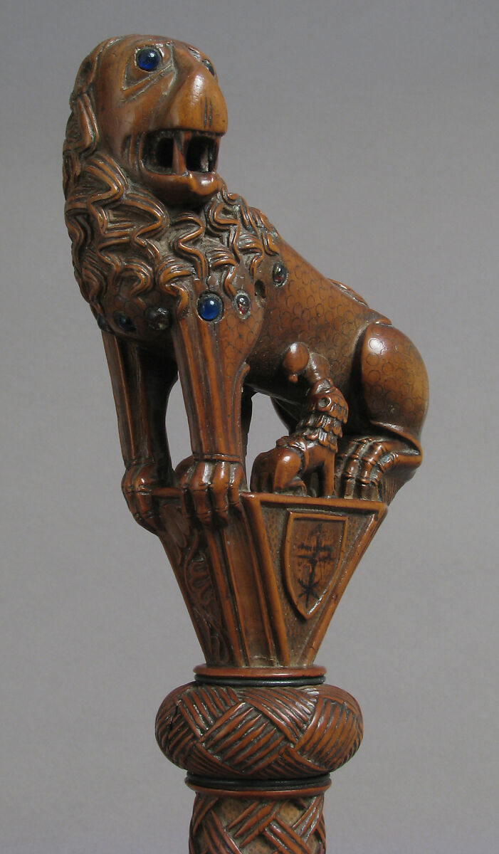 Head of Staff, Wood, stain, glass cabochon, metal wire, copper alloy settings, Italian